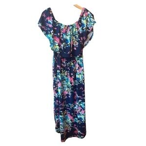 Verabendi Sleeveless Off Shoulder Navy Floral Print Maxi Dress Side Slit M